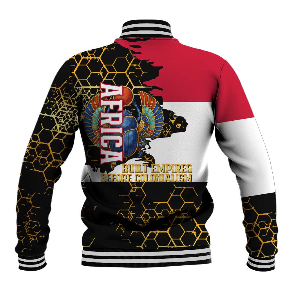 Hatshepsut Baseball Jacket with Royal Portrait, Pre-Colonial Empires Text and Red-Black Honeycomb - African Pride