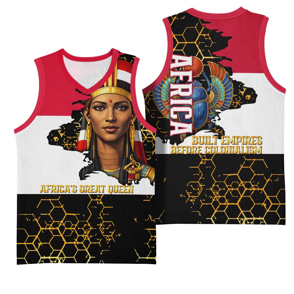 Hatshepsut Basketball Jersey with Royal Portrait, Pre-Colonial Empires Text and Red-Black Honeycomb - African Pride