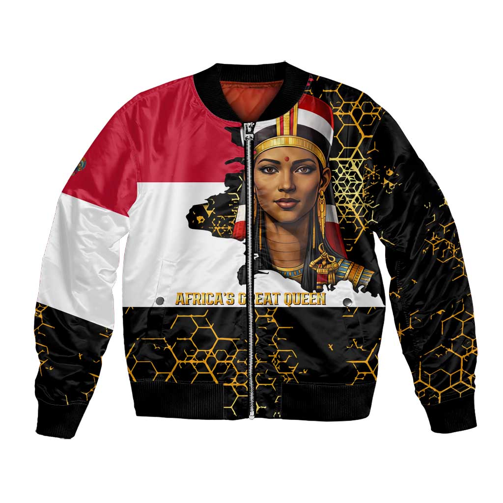 Hatshepsut Bomber Jacket with Royal Portrait, Pre-Colonial Empires Text and Red-Black Honeycomb - African Pride