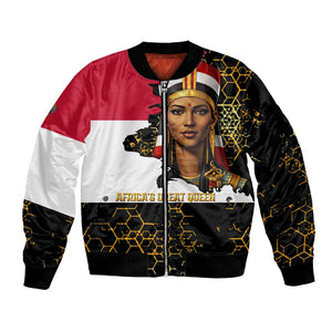 Hatshepsut Bomber Jacket with Royal Portrait, Pre-Colonial Empires Text and Red-Black Honeycomb - African Pride
