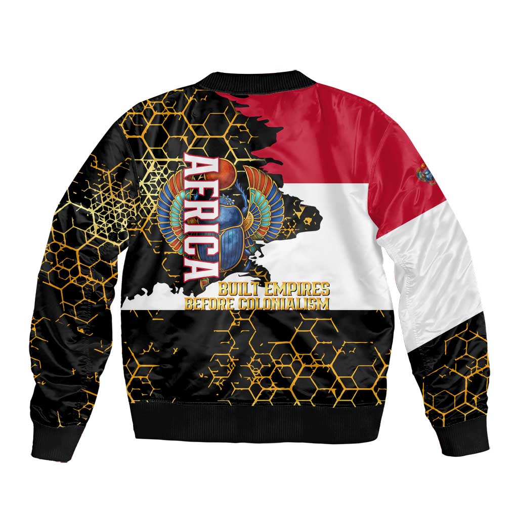 Hatshepsut Bomber Jacket with Royal Portrait, Pre-Colonial Empires Text and Red-Black Honeycomb - African Pride