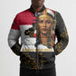 Hatshepsut Bomber Puffer Jacket with Royal Portrait, Pre-Colonial Empires Text and Red-Black Honeycomb - African Pride