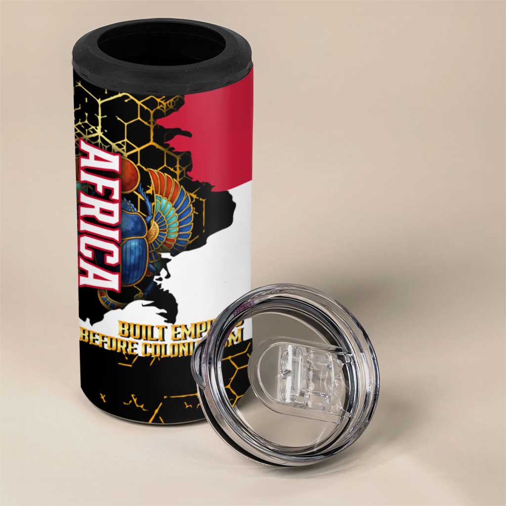 Hatshepsut 4 in 1 Can Cooler Tumbler with Royal Portrait, Pre-Colonial Empires Text and Red-Black Honeycomb - African Pride