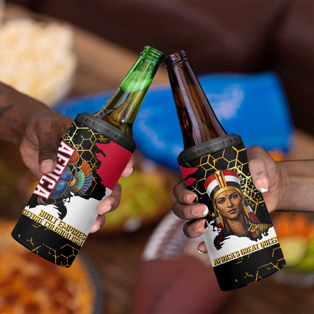 Hatshepsut 4 in 1 Can Cooler Tumbler with Royal Portrait, Pre-Colonial Empires Text and Red-Black Honeycomb - African Pride