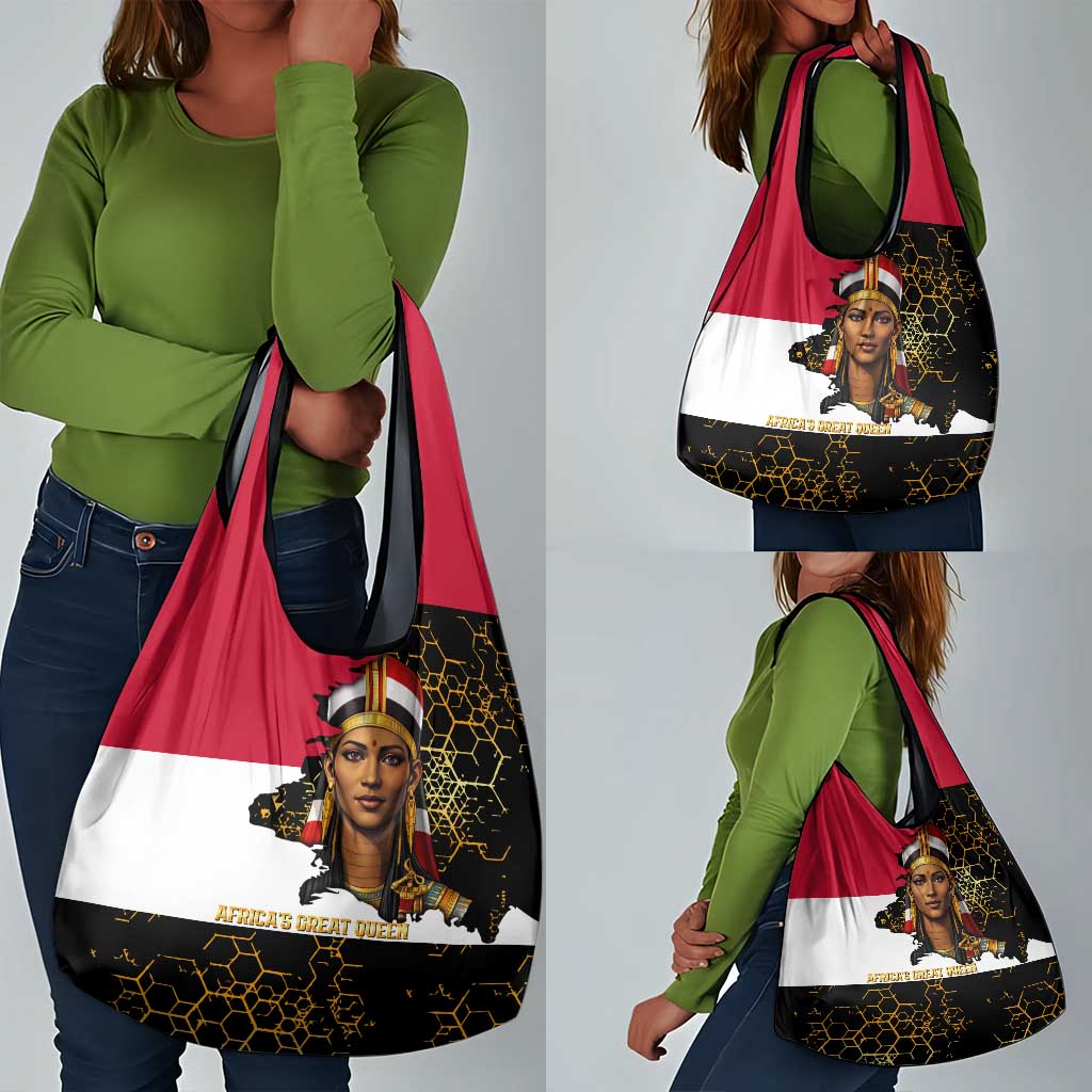 Hatshepsut Grocery Bag with Royal Portrait, Pre-Colonial Empires Text and Red-Black Honeycomb - African Pride