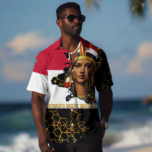 Hatshepsut Hawaiian Shirt with Royal Portrait, Pre-Colonial Empires Text and Red-Black Honeycomb - African Pride