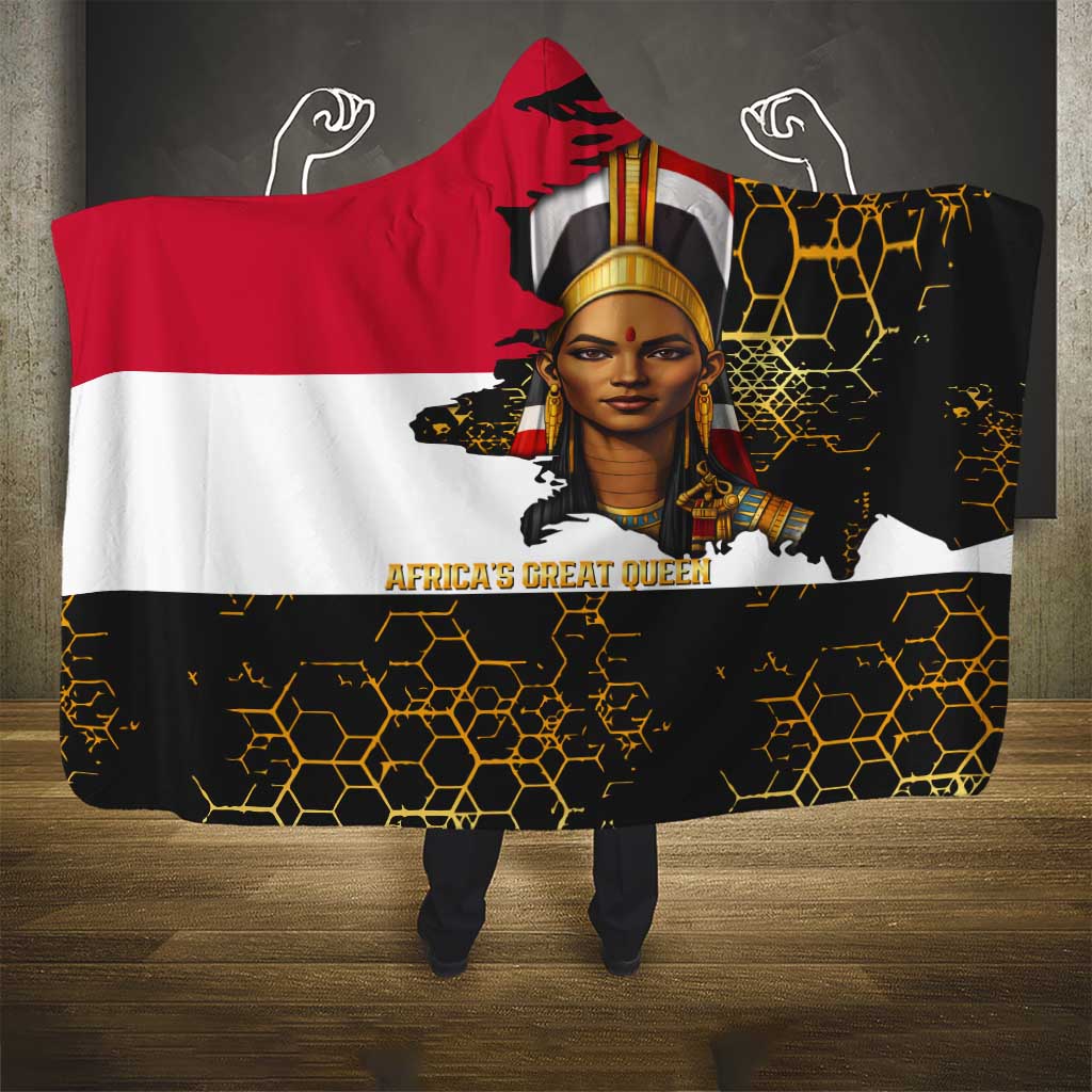 Hatshepsut Hooded Blanket with Royal Portrait, Pre-Colonial Empires Text and Red-Black Honeycomb - African Pride