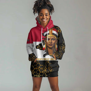 Hatshepsut Hoodie Dress with Royal Portrait, Pre-Colonial Empires Text and Red-Black Honeycomb - African Pride