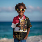 Hatshepsut Kid Hawaiian Shirt with Royal Portrait, Pre-Colonial Empires Text and Red-Black Honeycomb - African Pride