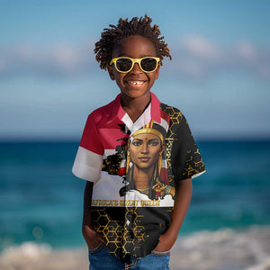 Hatshepsut Kid Hawaiian Shirt with Royal Portrait, Pre-Colonial Empires Text and Red-Black Honeycomb - African Pride