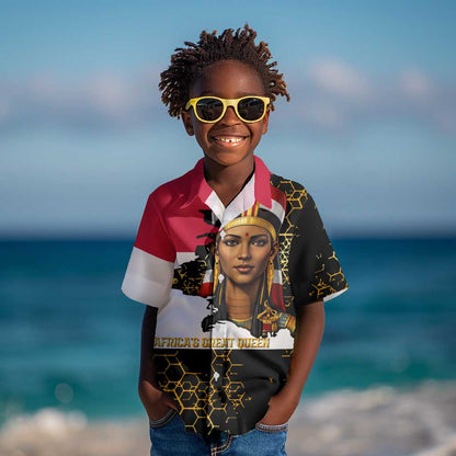 Hatshepsut Kid Hawaiian Shirt with Royal Portrait, Pre-Colonial Empires Text and Red-Black Honeycomb - African Pride