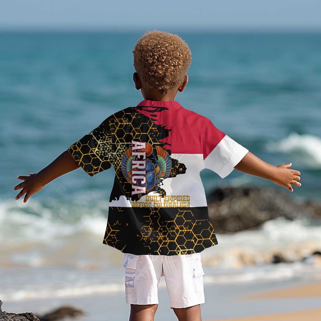 Hatshepsut Kid Hawaiian Shirt with Royal Portrait, Pre-Colonial Empires Text and Red-Black Honeycomb - African Pride