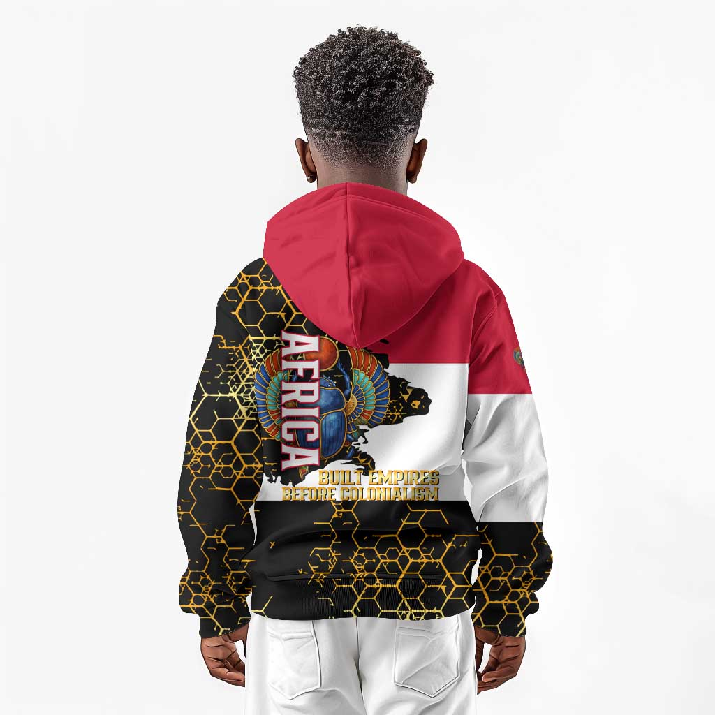 Hatshepsut Kid Hoodie with Royal Portrait, Pre-Colonial Empires Text and Red-Black Honeycomb - African Pride