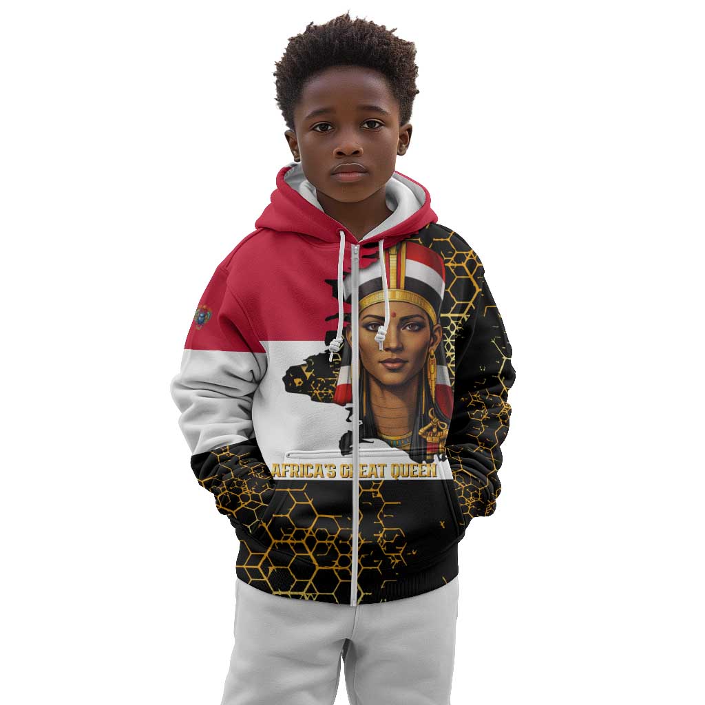 Hatshepsut Kid Hoodie with Royal Portrait, Pre-Colonial Empires Text and Red-Black Honeycomb - African Pride
