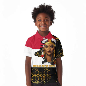 Hatshepsut Kid Polo Shirt with Royal Portrait, Pre-Colonial Empires Text and Red-Black Honeycomb - African Pride