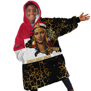 Hatshepsut Kid Wearable Blanket Hoodie with Royal Portrait, Pre-Colonial Empires Text and Red-Black Honeycomb - African Pride