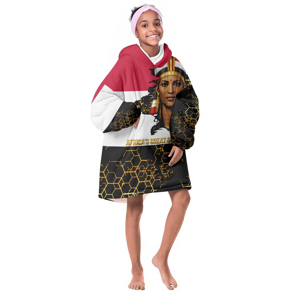Hatshepsut Kid Wearable Blanket Hoodie with Royal Portrait, Pre-Colonial Empires Text and Red-Black Honeycomb - African Pride