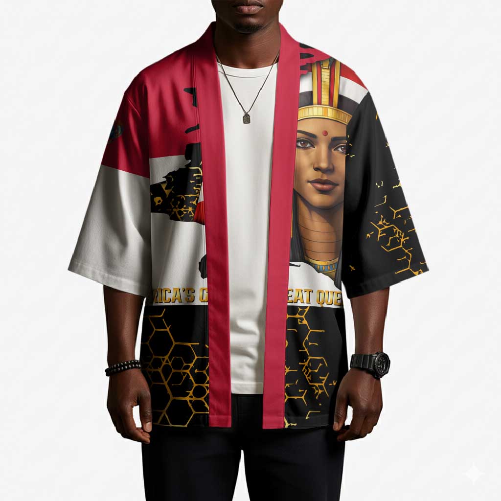 Hatshepsut Kimono with Royal Portrait, Pre-Colonial Empires Text and Red-Black Honeycomb - African Pride