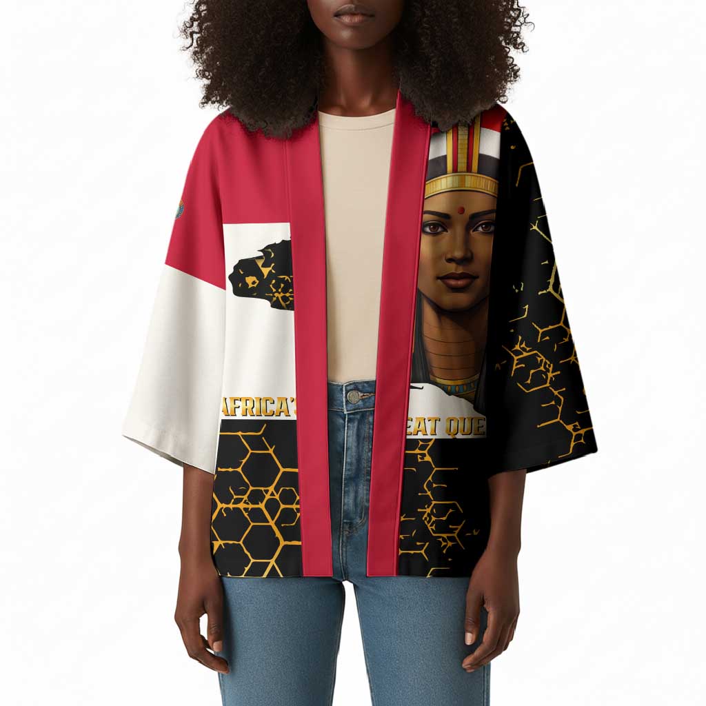 Hatshepsut Kimono with Royal Portrait, Pre-Colonial Empires Text and Red-Black Honeycomb - African Pride