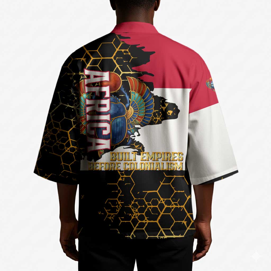 Hatshepsut Kimono with Royal Portrait, Pre-Colonial Empires Text and Red-Black Honeycomb - African Pride