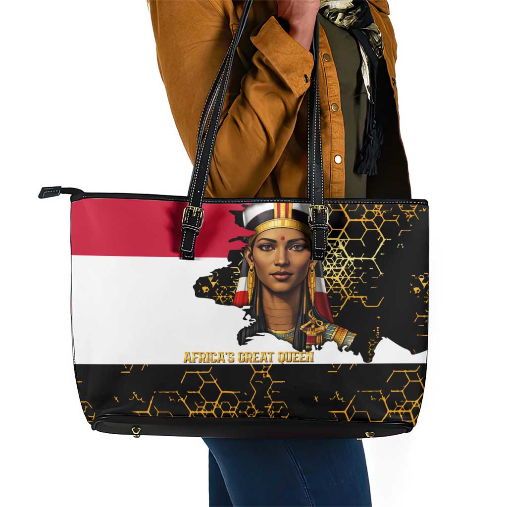 Hatshepsut Leather Tote Bag with Royal Portrait, Pre-Colonial Empires Text and Red-Black Honeycomb - African Pride