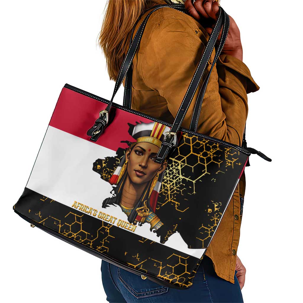 Hatshepsut Leather Tote Bag with Royal Portrait, Pre-Colonial Empires Text and Red-Black Honeycomb - African Pride