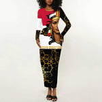 Hatshepsut Long Sleeve Bodycon Dress with Royal Portrait, Pre-Colonial Empires Text and Red-Black Honeycomb - African Pride