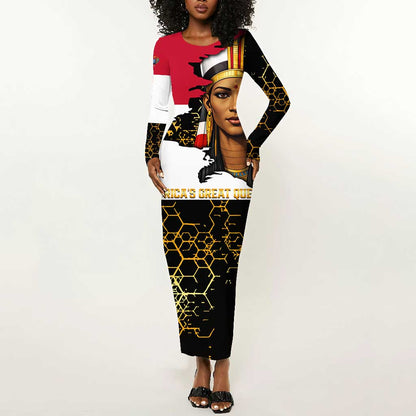 Hatshepsut Long Sleeve Bodycon Dress with Royal Portrait, Pre-Colonial Empires Text and Red-Black Honeycomb - African Pride