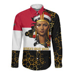 Hatshepsut Long Sleeve Button Shirt with Royal Portrait, Pre-Colonial Empires Text and Red-Black Honeycomb - African Pride