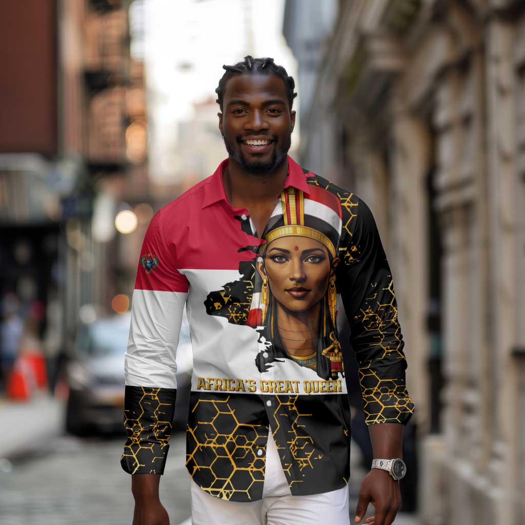 Hatshepsut Long Sleeve Button Shirt with Royal Portrait, Pre-Colonial Empires Text and Red-Black Honeycomb - African Pride