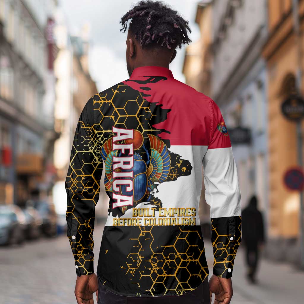 Hatshepsut Long Sleeve Button Shirt with Royal Portrait, Pre-Colonial Empires Text and Red-Black Honeycomb - African Pride