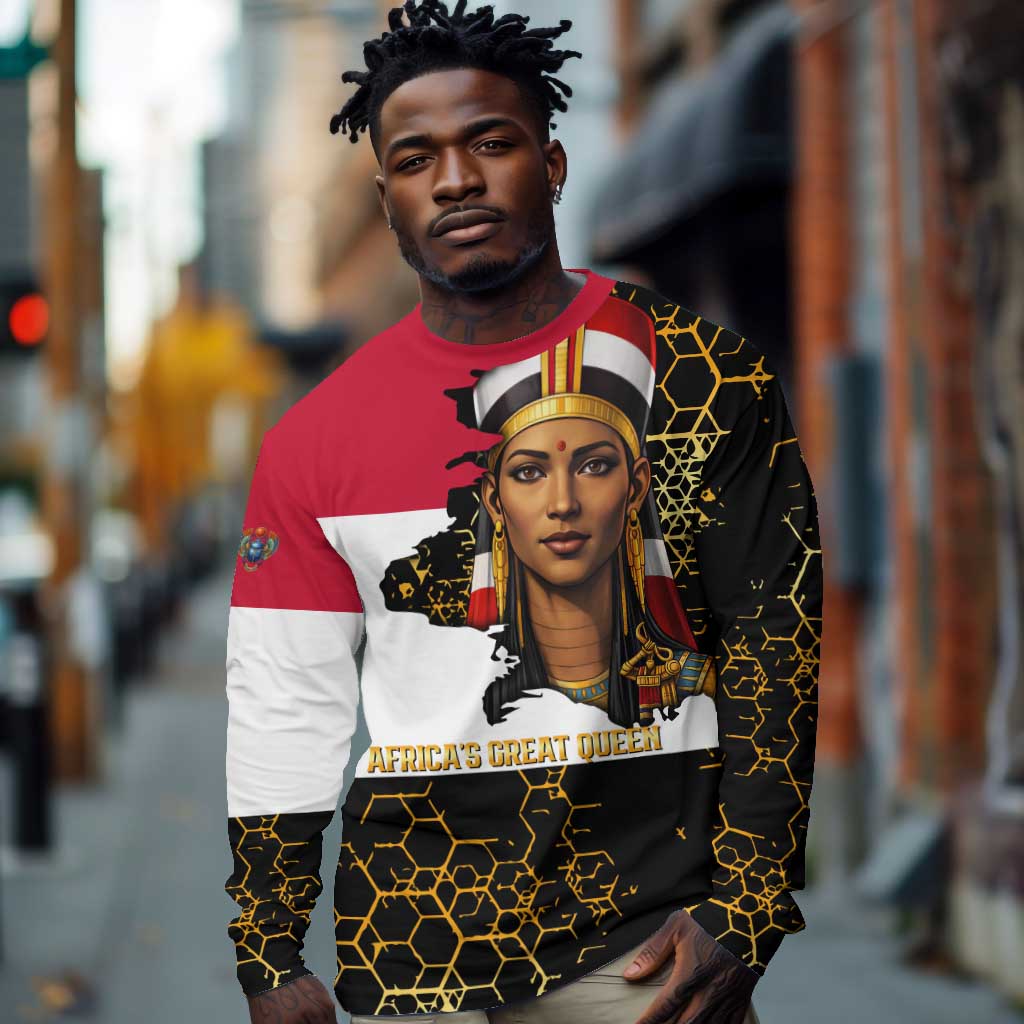 Hatshepsut Long Sleeve Shirt with Royal Portrait, Pre-Colonial Empires Text and Red-Black Honeycomb - African Pride