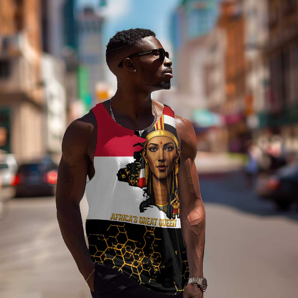 Hatshepsut Men Tank Top with Royal Portrait, Pre-Colonial Empires Text and Red-Black Honeycomb - African Pride