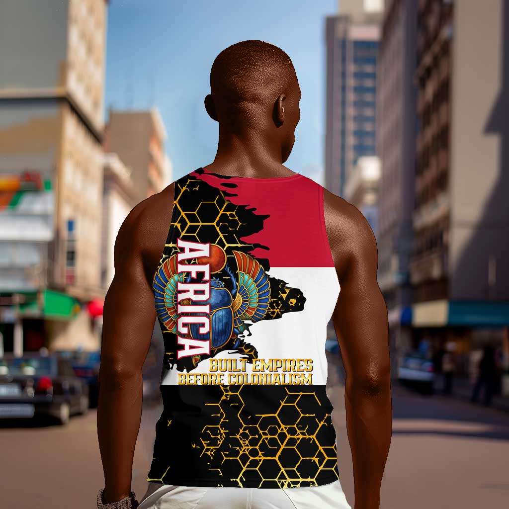 Hatshepsut Men Tank Top with Royal Portrait, Pre-Colonial Empires Text and Red-Black Honeycomb - African Pride
