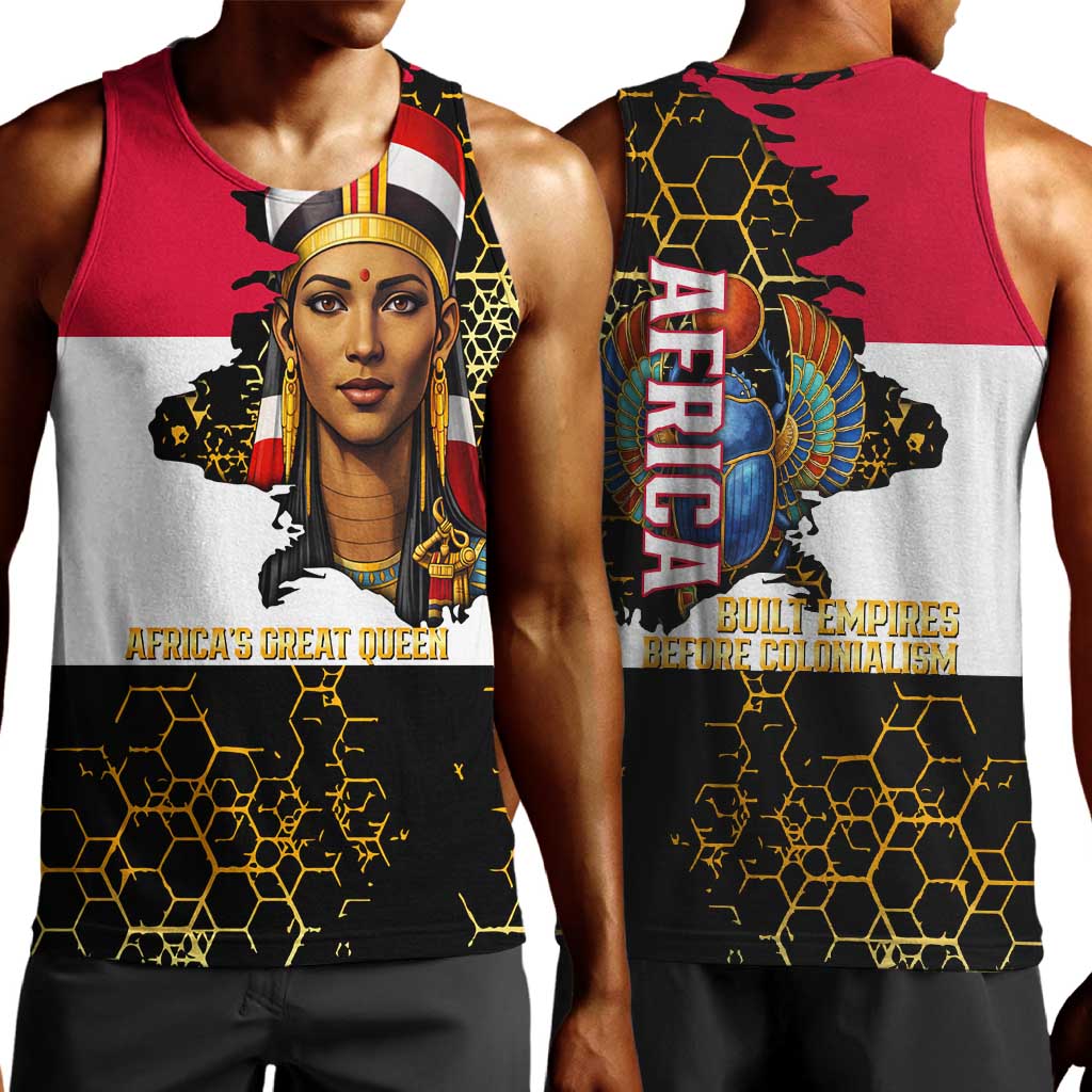 Hatshepsut Men Tank Top with Royal Portrait, Pre-Colonial Empires Text and Red-Black Honeycomb - African Pride