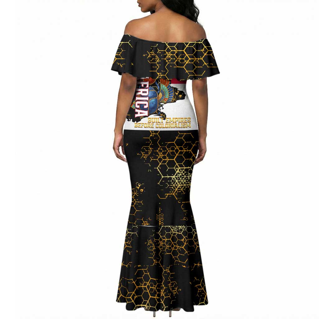 Hatshepsut Mermaid Dress with Royal Portrait, Pre-Colonial Empires Text and Red-Black Honeycomb - African Pride