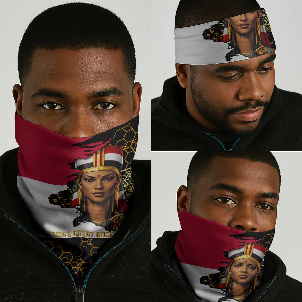 Hatshepsut Neck Gaiter with Royal Portrait, Pre-Colonial Empires Text and Red-Black Honeycomb - African Pride