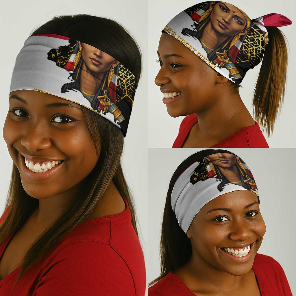 Hatshepsut Neck Gaiter with Royal Portrait, Pre-Colonial Empires Text and Red-Black Honeycomb - African Pride