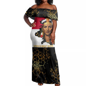 Hatshepsut Off Shoulder Maxi Dress with Royal Portrait, Pre-Colonial Empires Text and Red-Black Honeycomb - African Pride