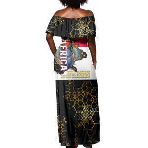 Hatshepsut Off Shoulder Maxi Dress with Royal Portrait, Pre-Colonial Empires Text and Red-Black Honeycomb - African Pride