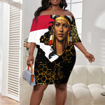 Hatshepsut Off Shoulder Short Dress with Royal Portrait, Pre-Colonial Empires Text and Red-Black Honeycomb - African Pride