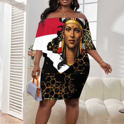 Hatshepsut Off Shoulder Short Dress with Royal Portrait, Pre-Colonial Empires Text and Red-Black Honeycomb - African Pride