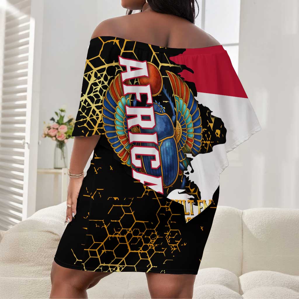 Hatshepsut Off Shoulder Short Dress with Royal Portrait, Pre-Colonial Empires Text and Red-Black Honeycomb - African Pride