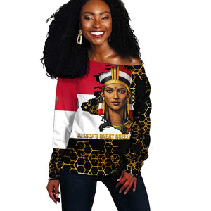 Hatshepsut Off Shoulder Sweater with Royal Portrait, Pre-Colonial Empires Text and Red-Black Honeycomb - African Pride