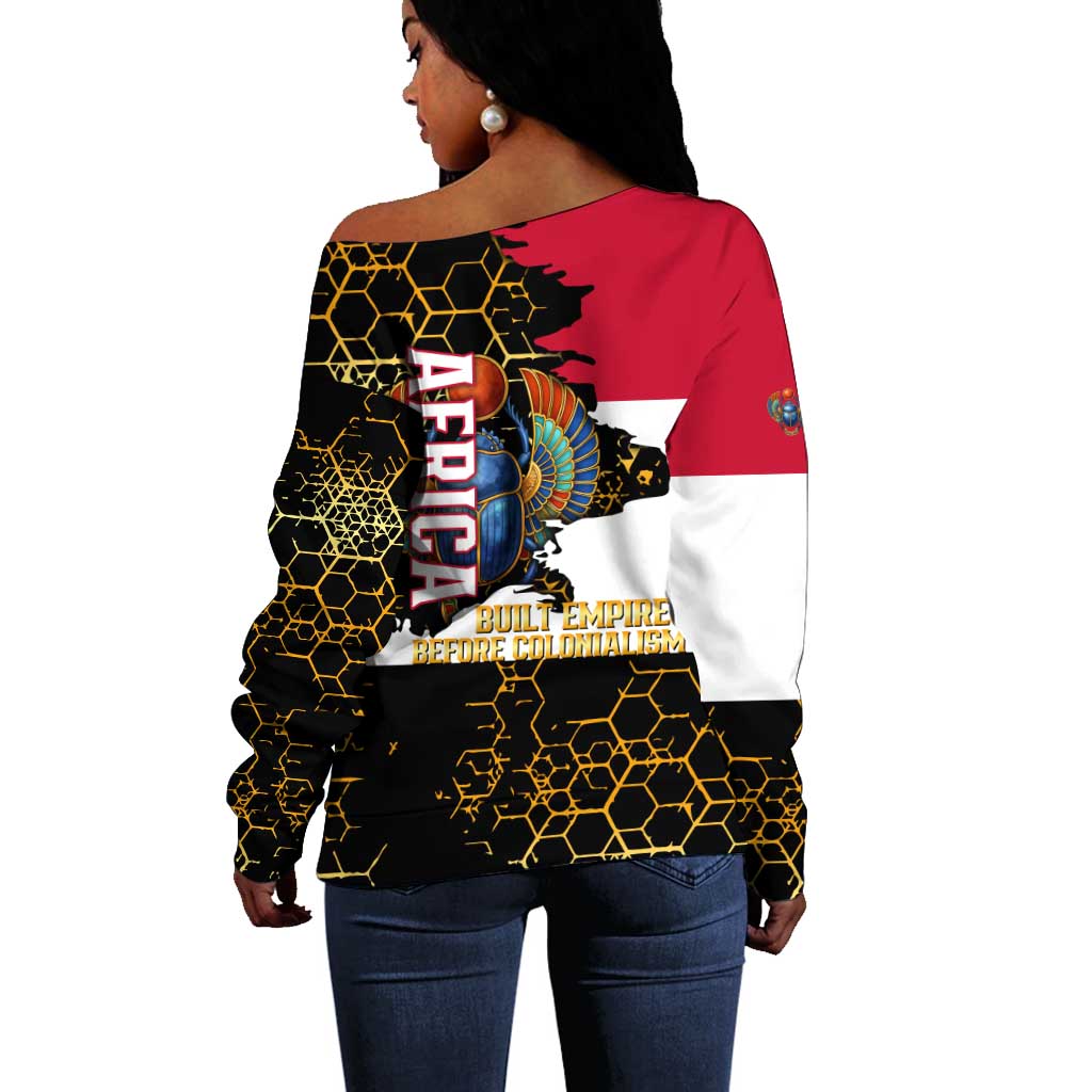Hatshepsut Off Shoulder Sweater with Royal Portrait, Pre-Colonial Empires Text and Red-Black Honeycomb - African Pride