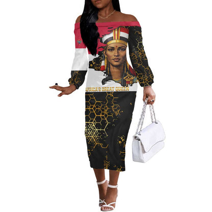 Hatshepsut Off The Shoulder Long Sleeve Dress with Royal Portrait, Pre-Colonial Empires Text and Red-Black Honeycomb - African Pride