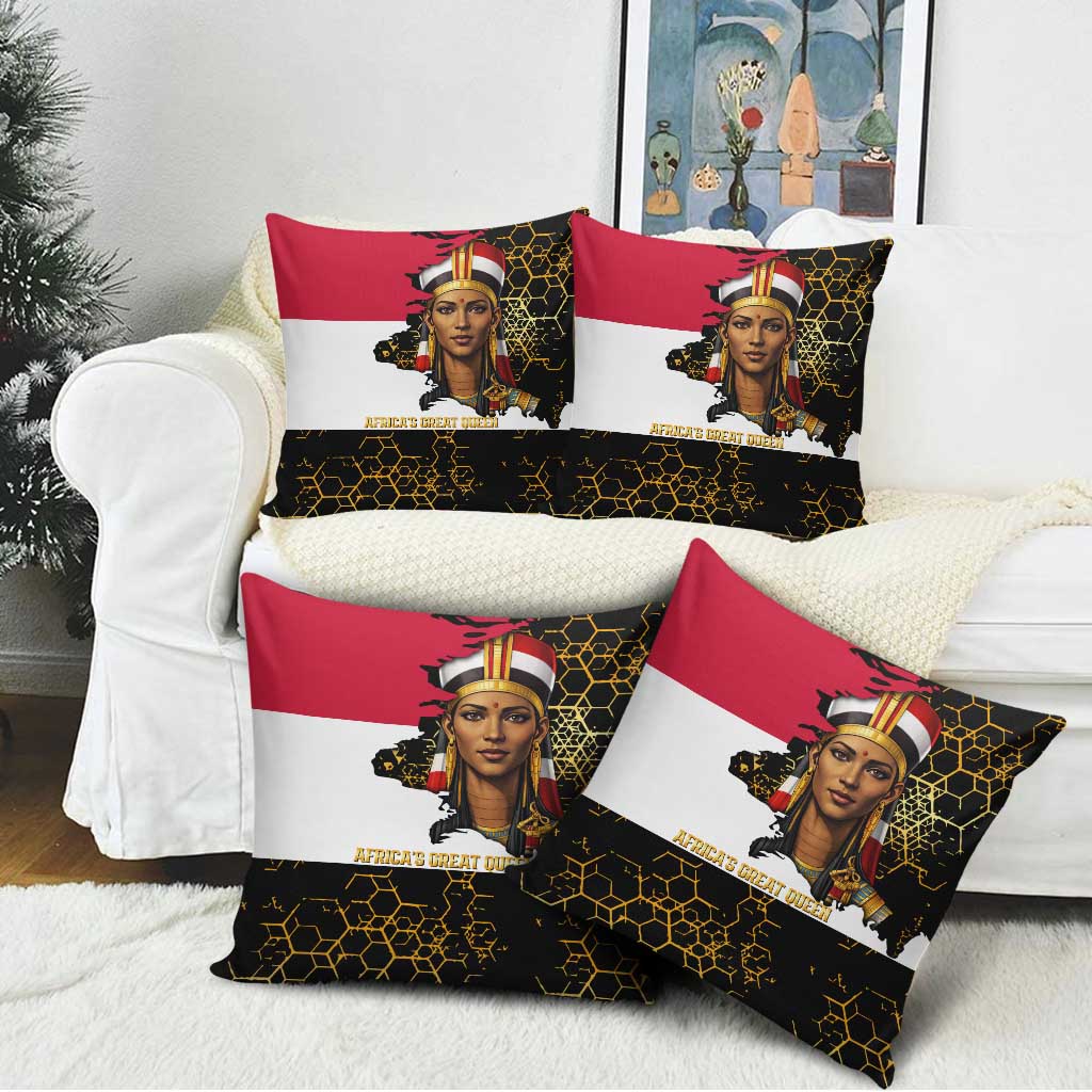 Hatshepsut Pillow Cover with Royal Portrait, Pre-Colonial Empires Text and Red-Black Honeycomb - African Pride