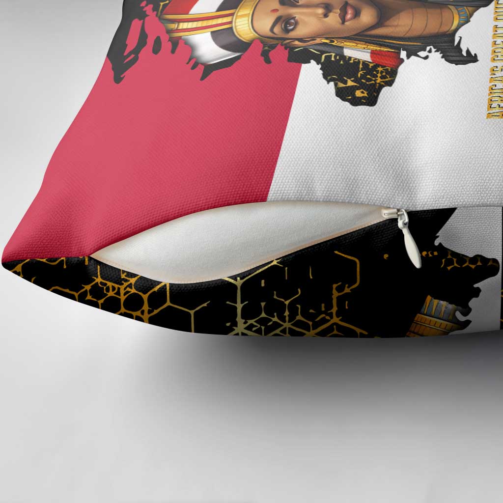 Hatshepsut Pillow Cover with Royal Portrait, Pre-Colonial Empires Text and Red-Black Honeycomb - African Pride