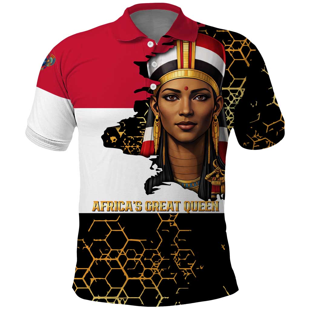 Hatshepsut Polo Shirt with Royal Portrait, Pre-Colonial Empires Text and Red-Black Honeycomb - African Pride