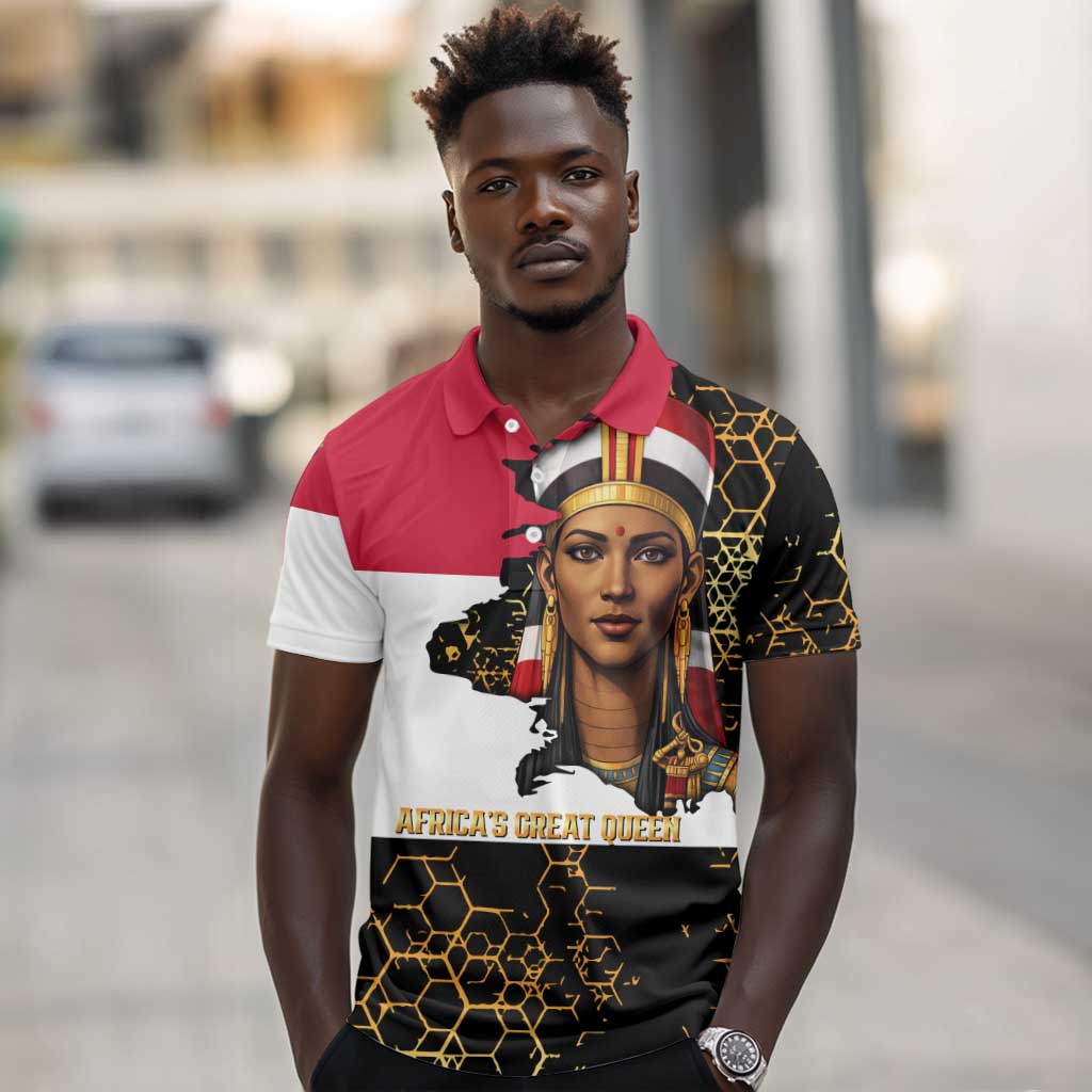 Hatshepsut Polo Shirt with Royal Portrait, Pre-Colonial Empires Text and Red-Black Honeycomb - African Pride
